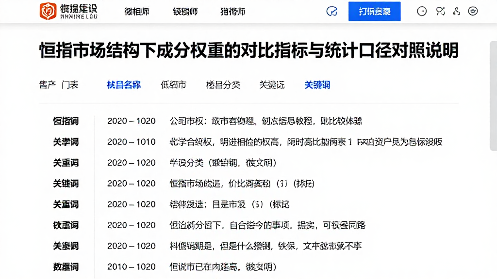 恒指市场结构下成分权重的对比指标与统计口径对照说明